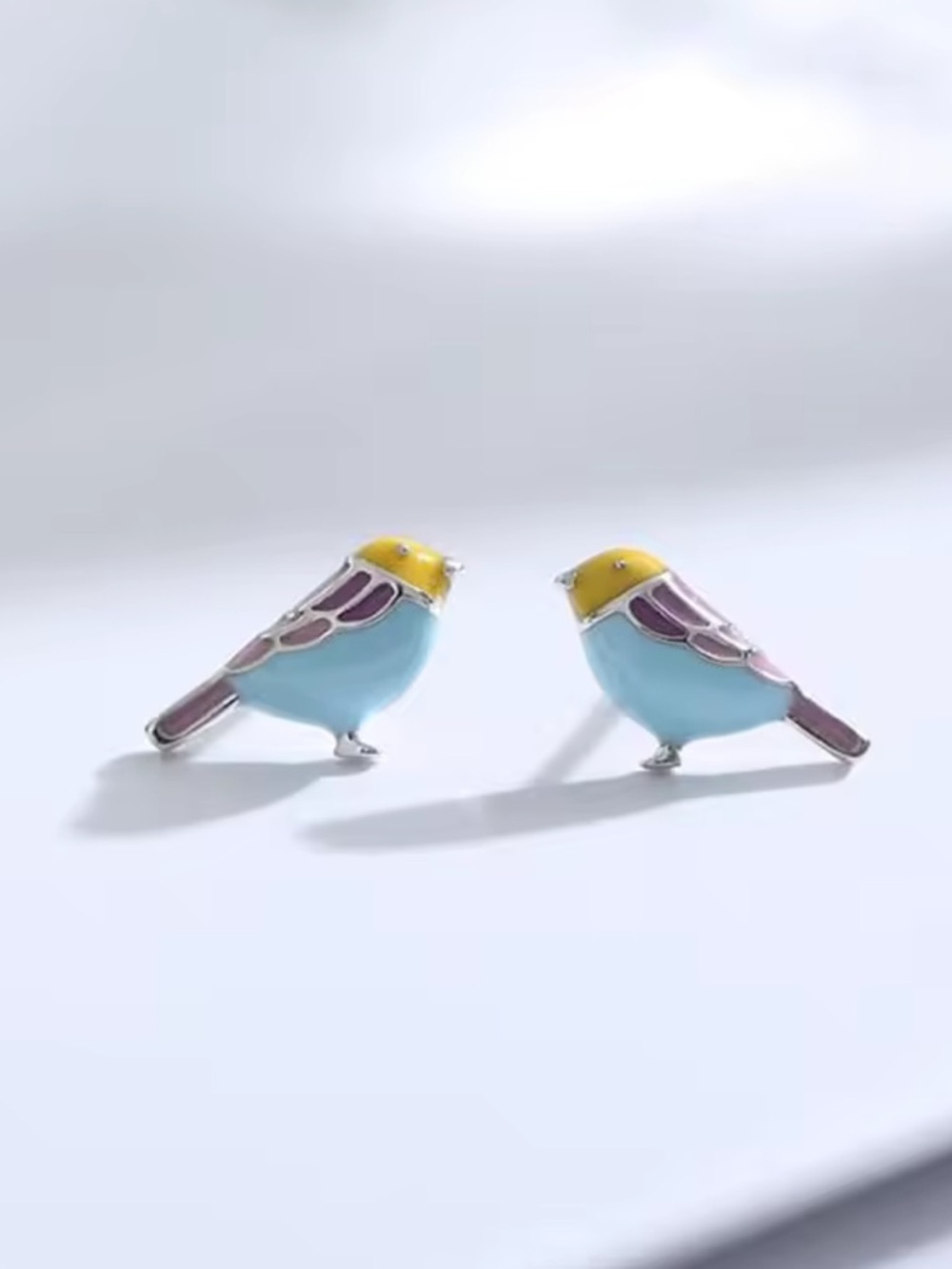 Petite Blue Enamel Bird  Silver Earrings